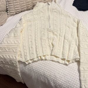 Cream Cable Knit Zip-Up Sweater Cropped